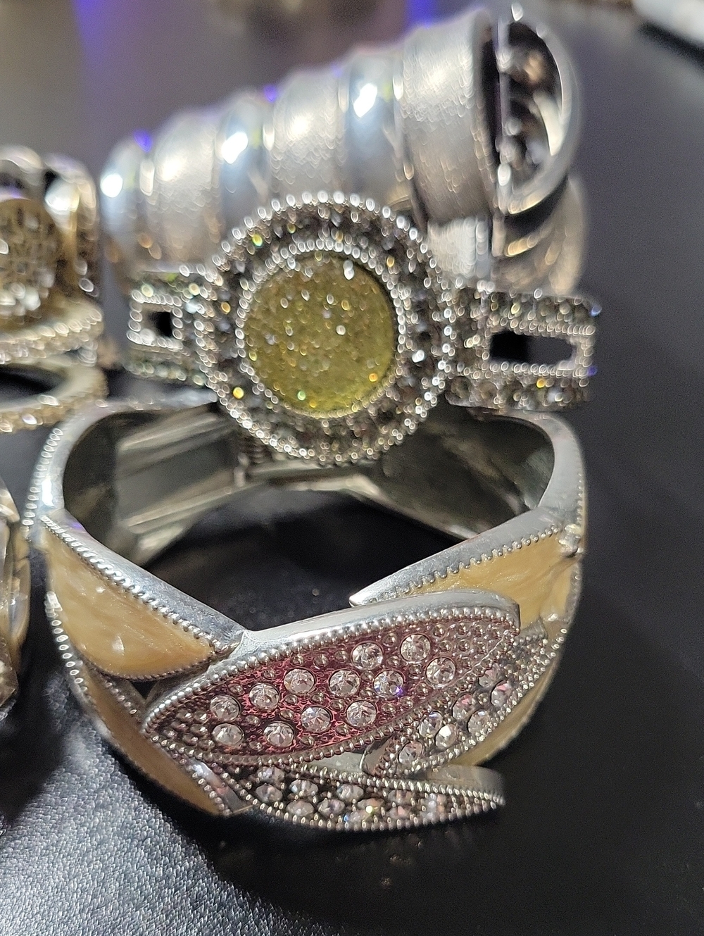 Silver-Tone Crystal Cluster Ring with Pink and Yellow Accents
